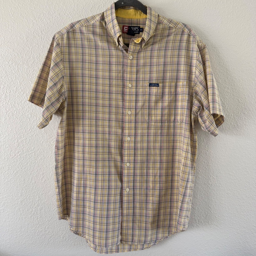 VTG Chaps Ralph Lauren Shirt Men Medium Gray Yellow Check Short Sleeve Button Up